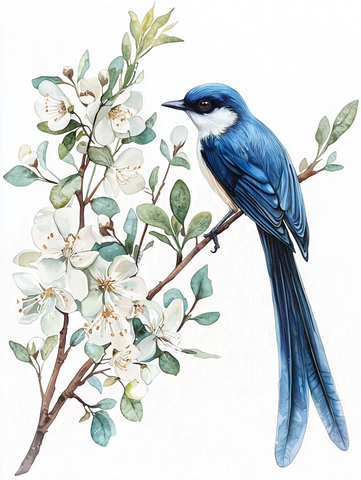 蓝鸟长尾与绿叶白花