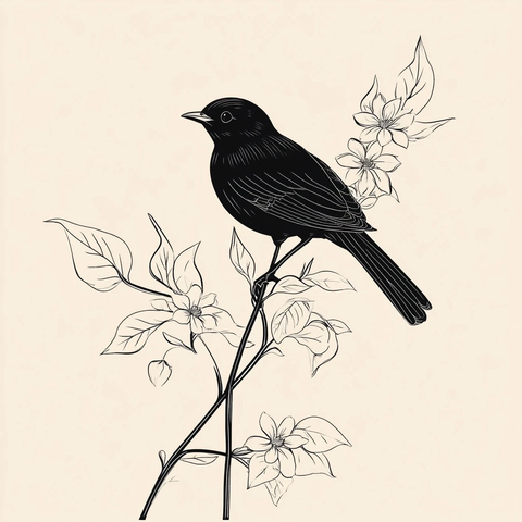 黑鸟栖息茉莉花枝