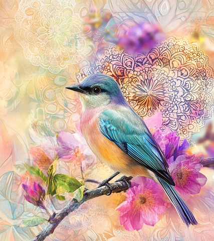 鸟儿花朵枝条曼荼罗水彩画