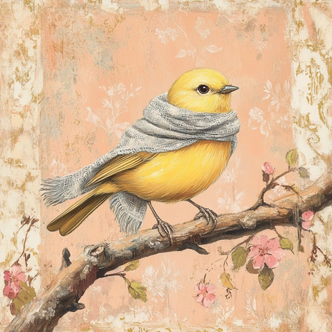 黄鸟戴灰围巾坐树枝