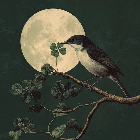 鸟衔四叶草立枝头