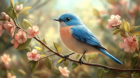 蓝鸟栖枝五月绿叶花开