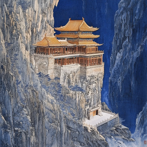 悬崖上的中式古建筑壮观景象