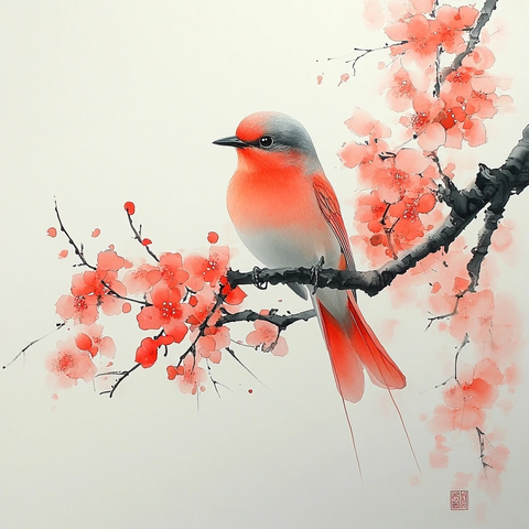 黄鹂桃树展翅墨韵图