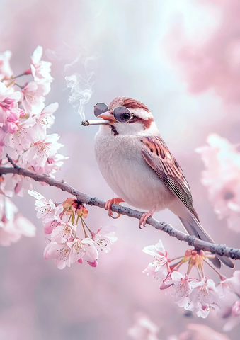 麻雀抽烟戴墨镜坐樱桃花枝