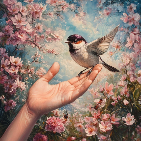 妈妈手捧小鸟花丛中