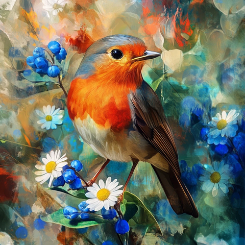 红雀与蓝铃花雏菊水彩画