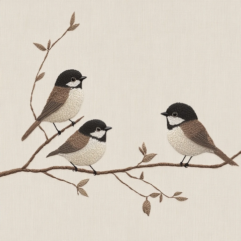 三只鸟栖息树枝绣花图案