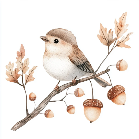 小鸟坐橡树枝吃橡实