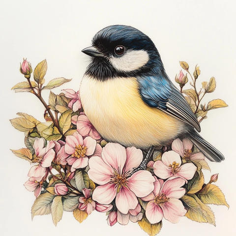 黑头山雀栖息苹果花间