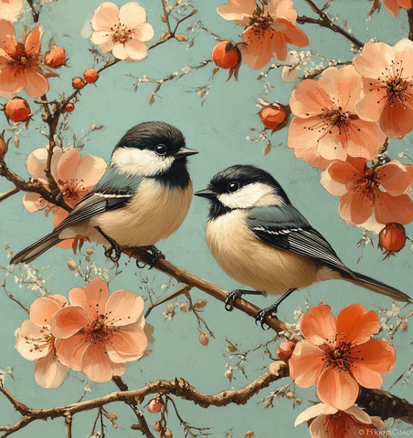 樱花与山雀的青蓝背景