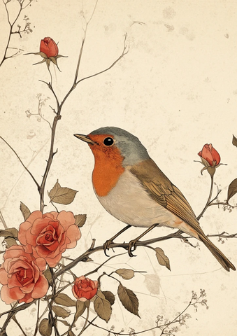 罗宾插画与玫瑰枝叶