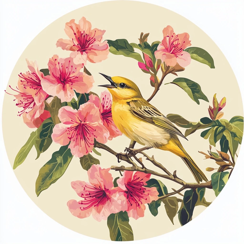 黄嘴鸣禽与粉红杜鹃花