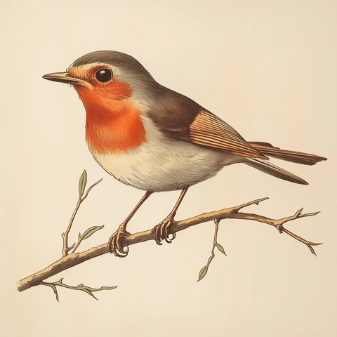 复古风格红胸知更鸟插画