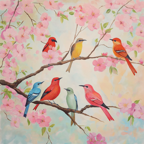 歌唱鸟儿栖息粉红花朵树枝