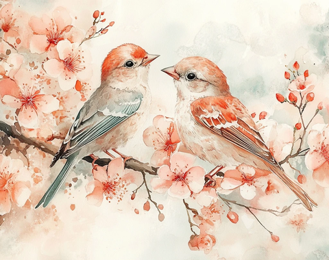 雀鸟与雏鸟花间相依