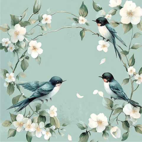 燕子花卉刺绣风格插画