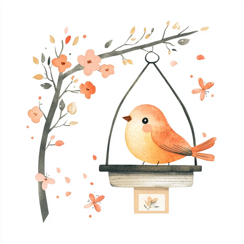 水彩鸟鸟喂食器插画