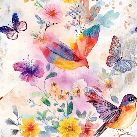 鸟与蝴蝶花丛中