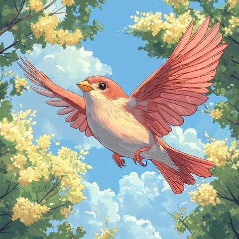 粉色小鸟飞翔云间树林