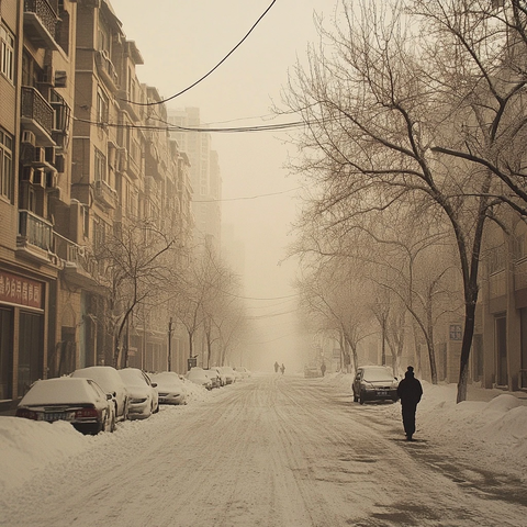 雪中街道行人车辆的城市冬季景象