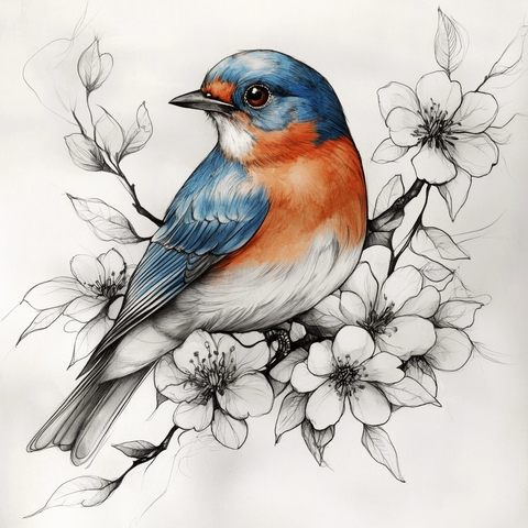 蓝鸟栖息花枝立体纹身