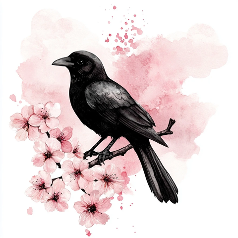 黑鸦坐枝樱云雾