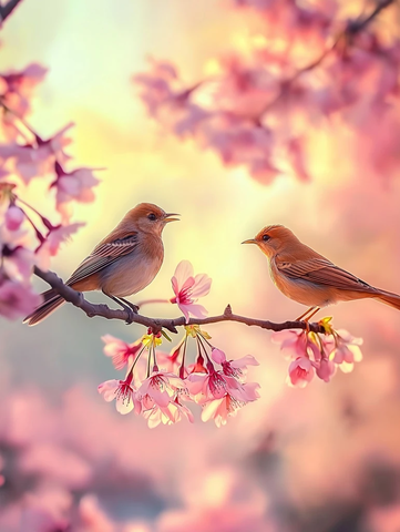 夜莺栖息樱花枝唱晨曲