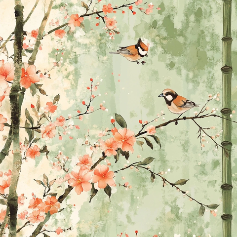 清明丝绸图案水彩花鸟