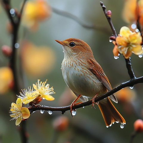 小鸟展翅飞翔春雨滴落悬崖