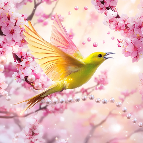 黄绿鹎鸟飞翔粉红梅花