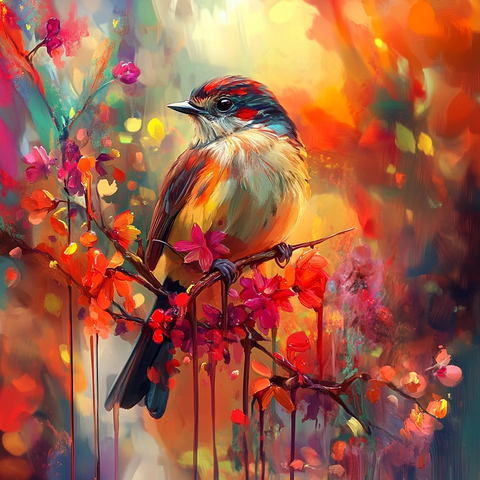 小鸟花间栖息图