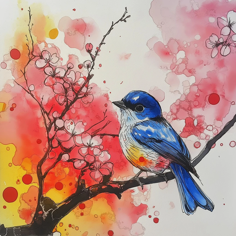 蓝鸟樱花木刻水墨画