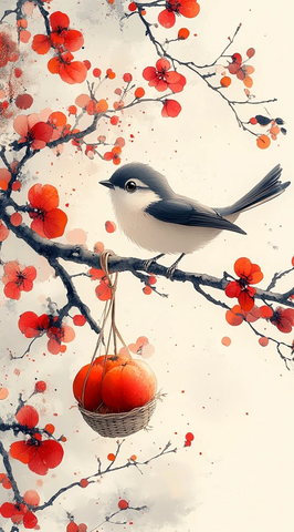 小动物摘柿子挂篮子