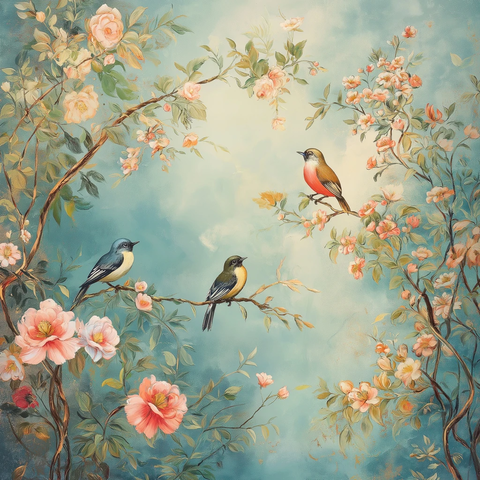 花卉鸟类墙壁彩绘