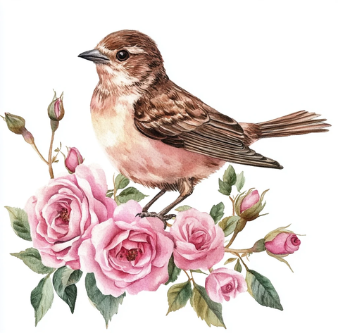 鸟儿玫瑰水彩画