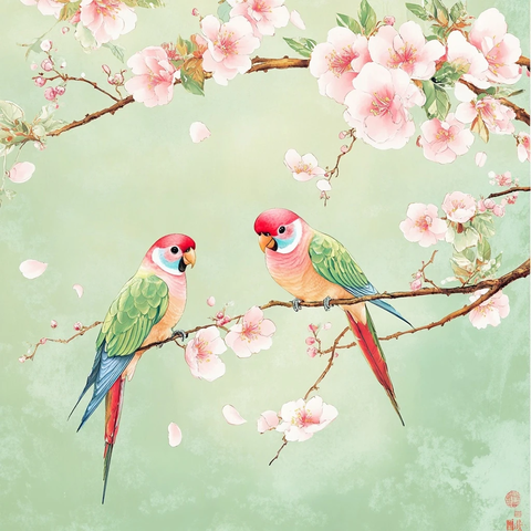 樱花枝头牡丹鹦鹉图