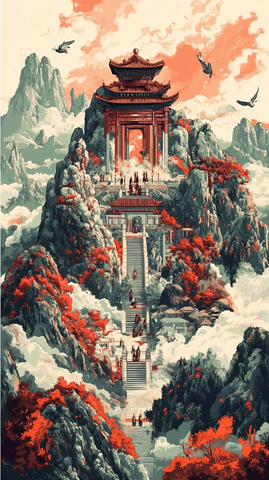 山间古建筑景观壮丽画面