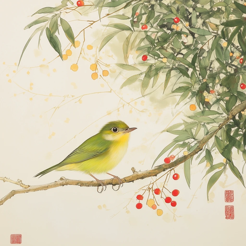 绿叶红花中的小鸟