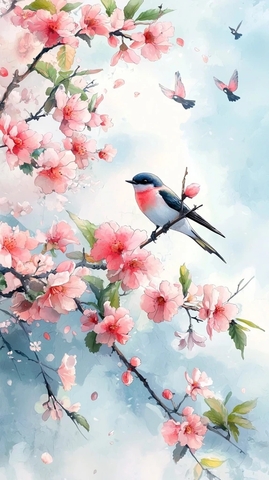 桃树花叶燕子蓝天白云