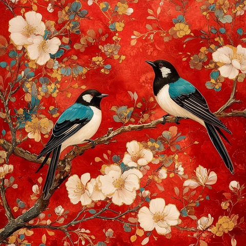 喜鹊漆画丝绸风格
