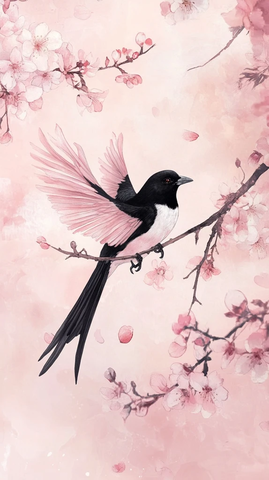 桃花飘香喜鹊灵动