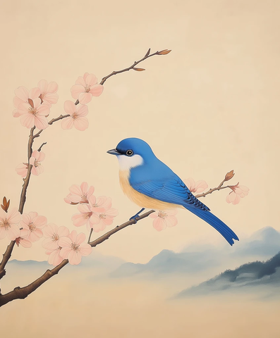 蓝鸟栖息花枝广阔风景