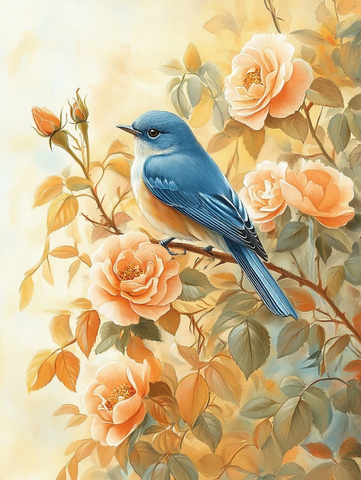 蓝鸟玫瑰枝头桃花绿叶环抱