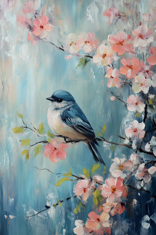 麻雀油画樱桃树花朵