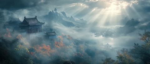 云雾缭绕山间古建筑的壮丽景象