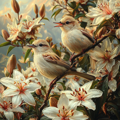 鸟群与百合花开