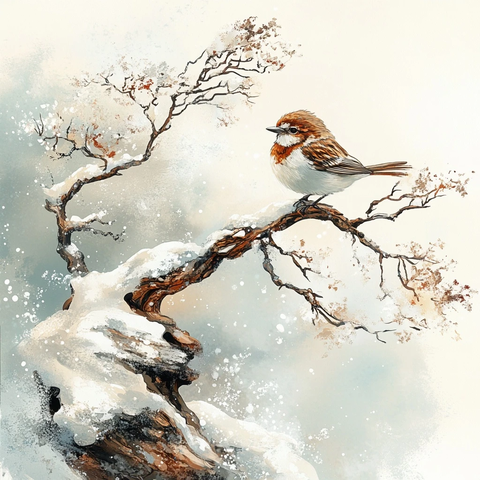 雪中鸟栖息盆栽树枝