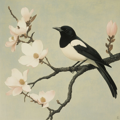 喜鹊与粉白玉兰