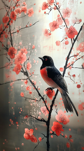 墨画飞鹊树影花香